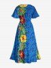 Robe midi trapèze grande taille à imprimé floral tropical et hibiscus, style hawaïen, avec poches fendues - Bleu Ciel S