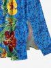 Robe midi trapèze grande taille à imprimé floral tropical et hibiscus, style hawaïen, avec poches fendues - Bleu Ciel S