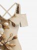 Plus Size Flower Leaf Branch Print Hawaii Cold Shoulder Crisscross A Line Maxi Dress - café lumière 5X