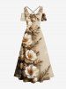 Plus Size Flower Leaf Branch Print Hawaii Cold Shoulder Crisscross A Line Maxi Dress - café lumière 5X