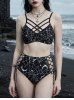 Spider Web Bat Print Lattice Crisscross Lace Up Tankini Swimsuit -  