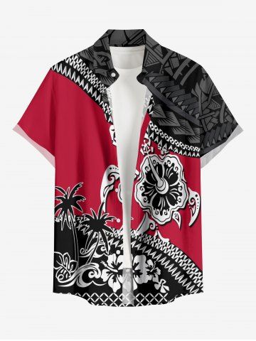 Chemise hawaïenne grande taille pour homme, à imprimé géométrique de cocotiers et d'hibiscus, boutons et poche. - RED - S