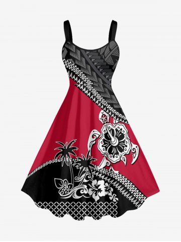Plus Size Coconut Tree Hibiscus Flowers Geometric Pattern Print Hawaii Tank Dress - RED - 5X
