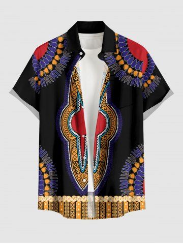 Plus Size Ethnic Geometric Pattern Print Buttons Pocket Hawaii Shirt For Men - BLACK - 4XL