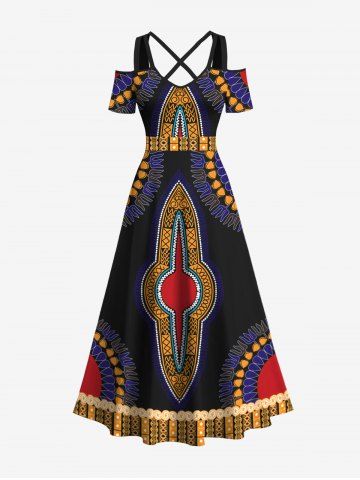 Plus Size Ethnic Geometric Pattern Print Cold Shoulder Crisscross Hawaii Maxi Dress - BLACK - S