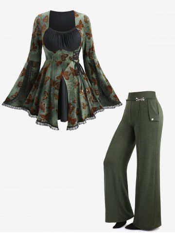 Flocking Butterfly Lace-up Waist Floral Lace Trim Flare Sleeve Top and Wide Leg Pants Plus Size Outfit - DEEP GREEN