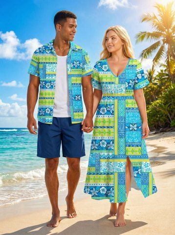 Tropical Leaf Flowers Scarf Print Plus Size Matching Hawaii Beach Outfit For Couples - TURQUOISE