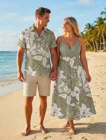 Ensemble de plage hawaïen assorti grandes tailles à imprimé fleurs tropicales pour couples