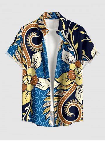 Plus Size Flower Curve Ethnic Graphic Print Hawaii Button Pocket Shirt For Men - BLUE - 6XL