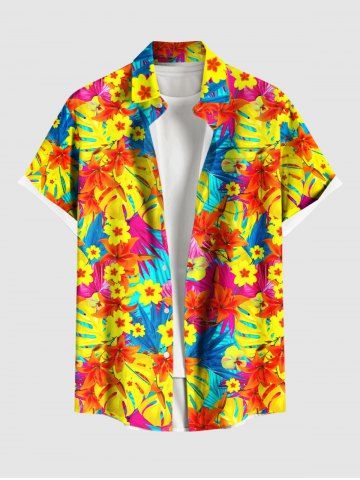 Plus Size Tropical Flowers Leaf Print Buttons Pocket Hawaii Shirt For Men - YELLOW - 6XL