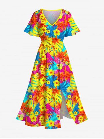Robe midi hawaïenne fendue à imprimé de fleurs tropicales et de feuilles, grande taille - YELLOW - 4X