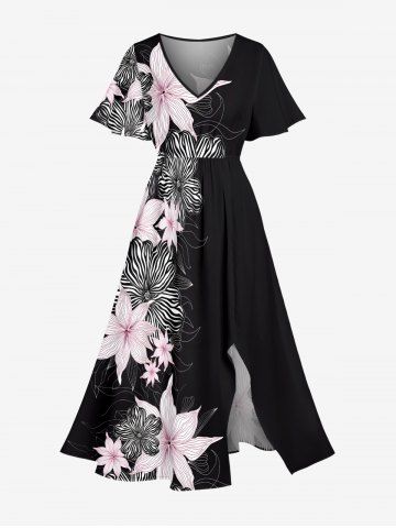 Plus Size Striped Flowers Print Split Hawaii Midi Dress - BLACK - XS
