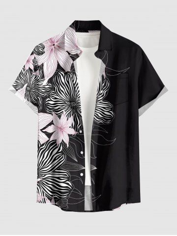 Plus Size Striped Flowers Print Buttons Pocket Hawaii Shirt For Men - BLACK - S