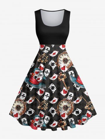 Plus Size Poker Key Clock Print Vintage Swing A Line Dress - BLACK - XS