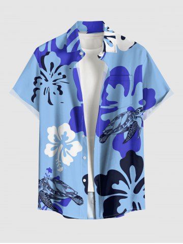 Chemise hawaïenne à imprimé tortue et hibiscus, grande taille, poche boutonnée, pour homme - LIGHT BLUE - 5XL