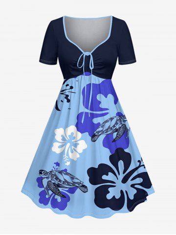 Robe hawaïenne grande taille à imprimé tortue et hibiscus, coupe trapèze cintrée - LIGHT BLUE - 6X