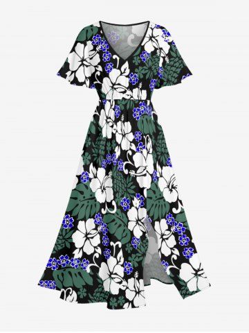 Robe midi trapèze grande taille à imprimé floral tropical et hibiscus, style hawaïen, avec poches fendues - DEEP GREEN - 2X