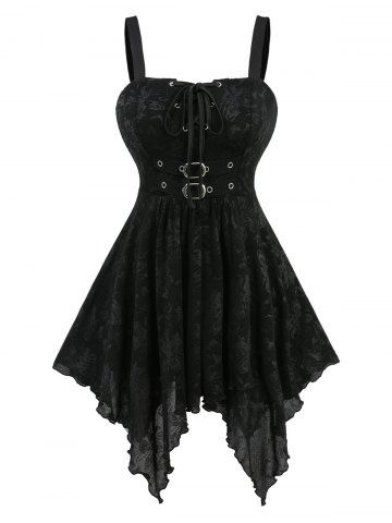 Débardeur asymétrique à imprimé floral avec œillets, lacets, boucles et volants - BLACK - XL