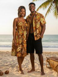 Ethnic Graphic Mask Print Plus Size Matching Hawaii Beach Outfit For Couples -  