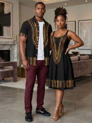 Ethnic Pattern Print Plus Size Matching Hawaii Beach Outfit For Couples -  