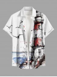 Plus Size Seascape Bird Light House Graffiti Print Buttons Pocket Hawaii Shirt For Men -  