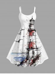 Plus Size Seascape Bird Light House Graffiti Print Hawaii Tank Dress -  