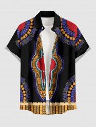 Chemise hawaïenne grande taille à motifs géométriques ethniques imprimés, boutons et poches pour hommes - Noir S