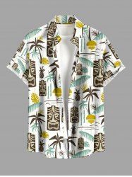 Chemise hawaïenne grande taille pour homme, imprimé ethnique feuille de cocotier et masque soleil, boutons et poche. - Vert clair 6XL