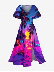 Robe mi-longue fendue hawaïenne à imprimé cocotiers et soleil grande taille - Rose Vif 6X