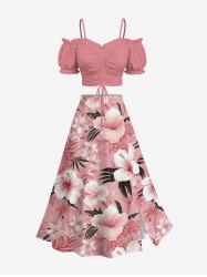 Solid Cinched Top and Tropical Leaf Hibiscus Flower Print Hawaii Split A Line Skirt Plus Size Matching Set -  