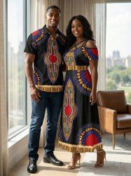Ethnic Geometric Pattern Print Plus Size Matching Hawaii Beach Outfit For Couples -  