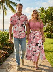 Tropical Leaf Hibiscus Flower Print Plus Size Matching Hawaii Beach Outfit For Couples -  