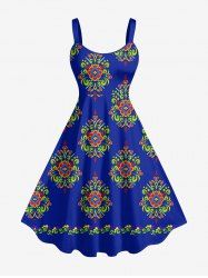 Plus Size Flower Pattern Print Hawaii A Line Dress -  