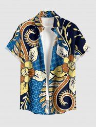 Chemise hawaïenne à poches boutons, imprimé ethnique floral grande taille pour homme - Bleu S