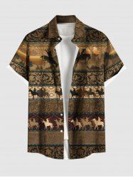 Chemise hawaïenne grande taille pour homme, à imprimé ethnique cheval et floral, avec boutons et poche. - Café profond S