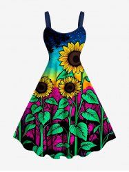 Plus Size Sunflowers Leaf Galaxy Print Hawaii Tank Dress -  