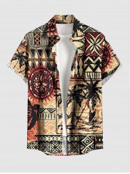 Chemise hawaïenne grande taille pour homme, à imprimé géométrique ethnique cocotier et paysage marin, boutons et poche. - Bronze S