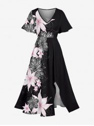Robe mi-longue hawaïenne fendue à rayures et fleurs grande taille - Noir 4X