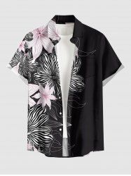Plus Size Striped Flowers Print Buttons Pocket Hawaii Shirt For Men -  