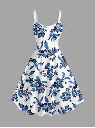 Plus Size Flowers Leaf Tropical Print Hawaii Tank Dress - Bleu Ciel S