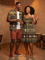 Ethnic Horse Floral Pattern Print Plus Size Matching Hawaii Beach Outfit For Couples -  