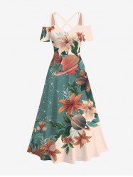 Plus Size Cold Shoulder Flower Butterfly Planet Colorblock Print Hawaii Crisscross A Line Maxi Dress -  