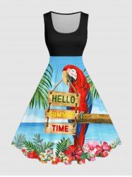 Robe trapèze grande taille à imprimé tropical, fleurs et perroquets, style hawaïen - Bleu Ciel 1X