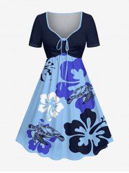 Plus Size Turtle Hibiscus Flower Print Hawaii Cinched A Line Dress -  