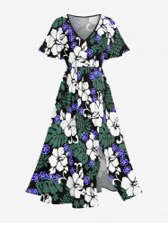 Plus Size Tropical Leaf Hibiscus Flower Print Hawaii Split Pocket A Line Midi Dress -  