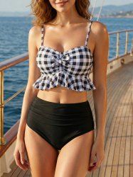 Plaid Print Bowknot Peplum Hem Ruched Tankini Swimsuit (Adjustable Shoulder Strap) -  