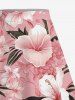 Solid Cinched Top and Tropical Leaf Hibiscus Flower Print Hawaii Split A Line Skirt Plus Size Matching Set -  