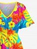 Plus Size Tropical Flowers Leaf Print Split Hawaii Midi Dress -  