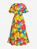 Plus Size Tropical Flowers Leaf Print Split Hawaii Midi Dress -  