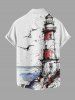 Plus Size Seascape Bird Light House Graffiti Print Buttons Pocket Hawaii Shirt For Men -  